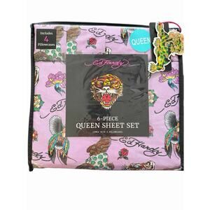 Ed Hardy 6-Piece QUEEN Size Sheet Set Purple Dragon Tiger Print New
